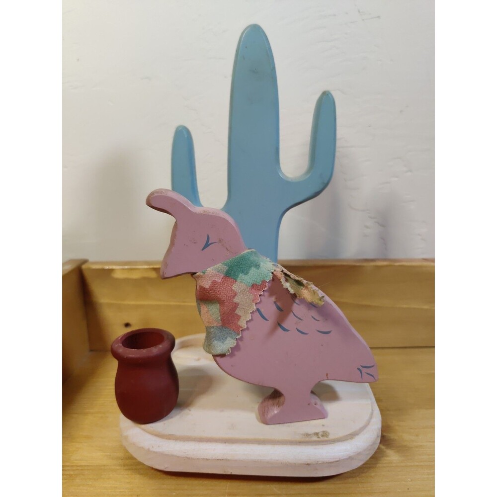 Vtg WOOD Kitch CACTUS Napkin Letter Toothpick HOLDER S&P Quail Saguaro USA